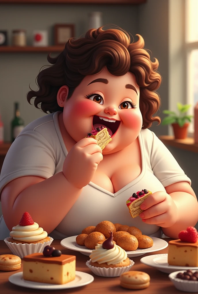 Chubby woman eating desserts with short curly hair
