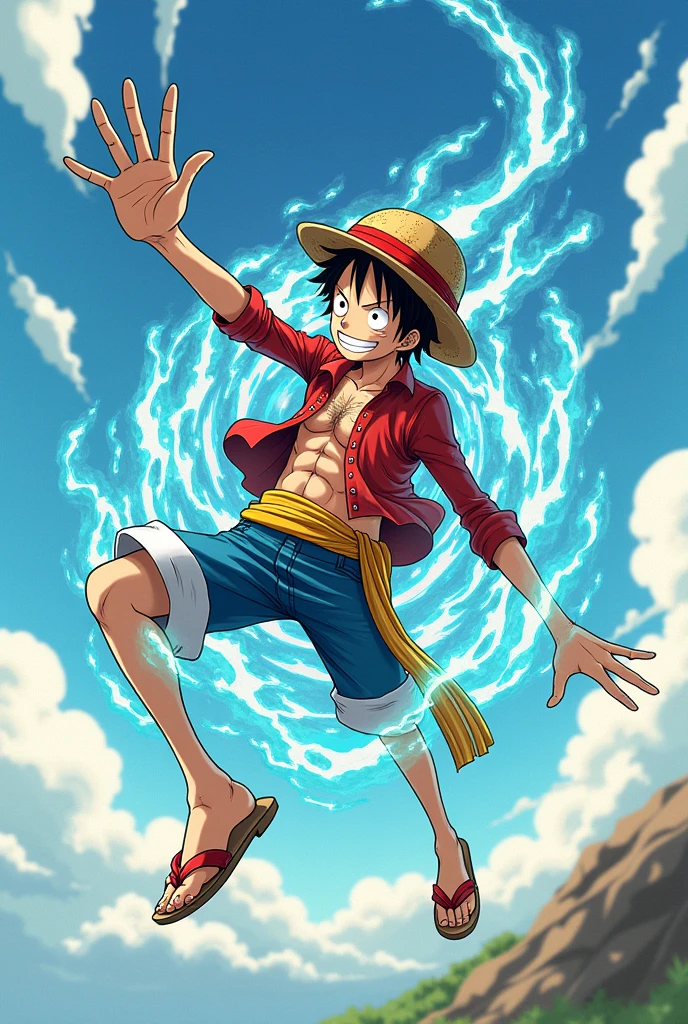 Luffy giving his hand to shake while flying , photo from luffy right side with gear 5