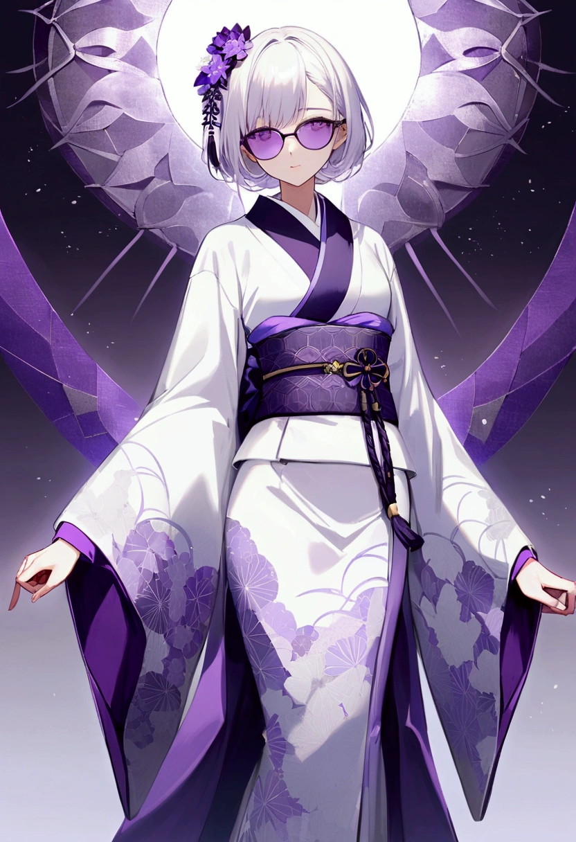 Create a  with long white hair, with a light lilac tone. He is wearing a white kimono, which is detailed with purple patterns. The kimono can have a traditional Japanese style, with wide sleeves and an obi sash (waist belt) also in shades of purple. The look is elegant and serene, reflecting a classic and sophisticated style.