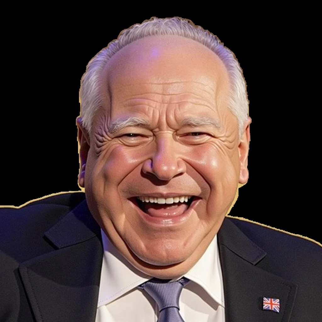 a bald 60 year old man with a perfectly round face, white hair, laughing joyfully, humorous expression, graffiti caricature, flat lighting, endearing, Tim Walz, Democrat