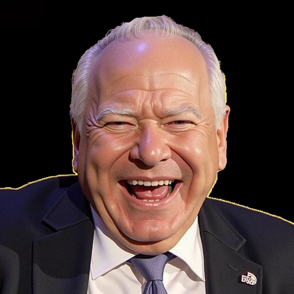 a bald 60 year old man with a perfectly round face, white hair, laughing joyfully, humorous expression, graffiti caricature, flat lighting, endearing, Tim Walz, Democrat