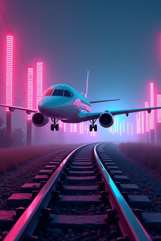 White aeroplane in railway track in night neon lights
