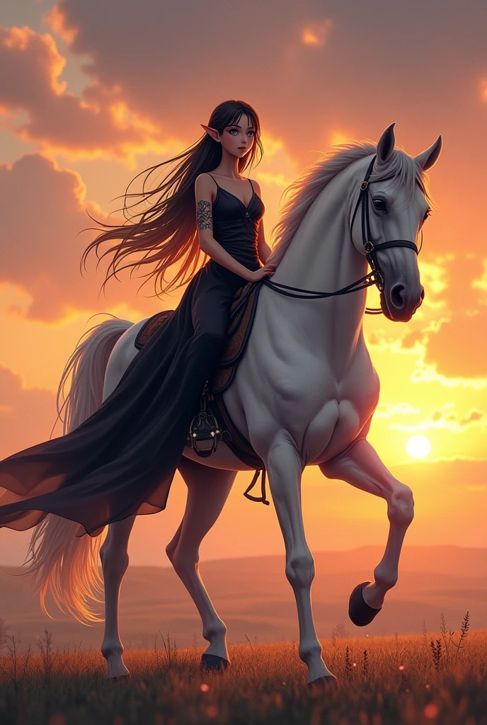 Brunette girl with blue eyes, elf ears, a tattoo on her arm, a black dress on, sitting on a huge white free horse, a sunset in the background, cool anime style