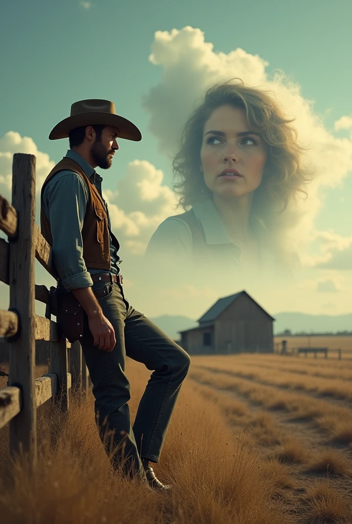 An image in 16-9 format/16:9, one men, with cowboy hat, leaning against a farm fence, and a woman's face in the clouds like a distant thought of an old love.