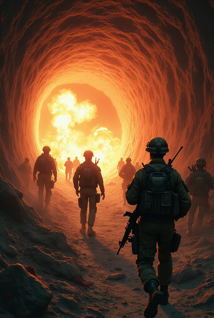 Al-Qassam Brigades, Israeli soldiers enter a tunnel, the tunnel is blown up with them, a number of them are killed, blood and smoke, Gaza, Palestine, escape .