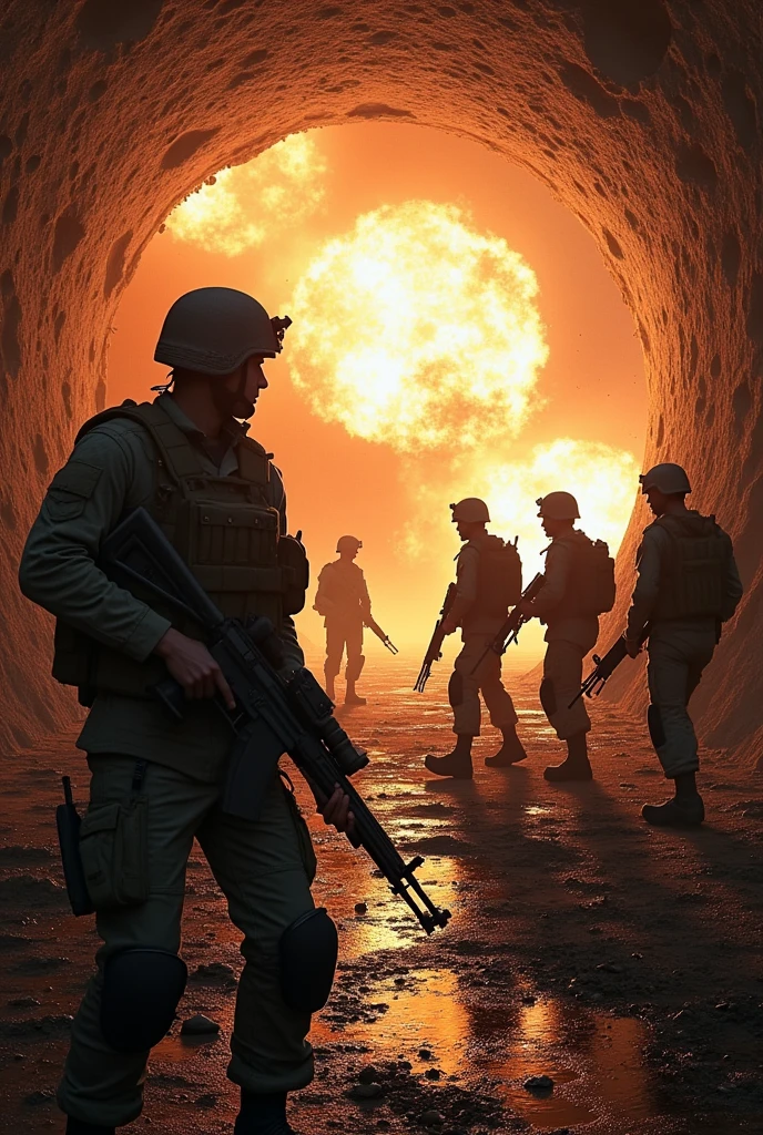 Al-Qassam Brigades, Israeli soldiers enter a tunnel, the tunnel is blown up with them, a number of them are killed, blood and smoke, Gaza, Palestine, escape .