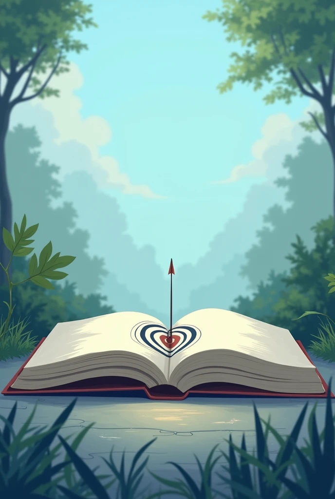 Make a picture of an open book with an archery target printed inside. Use a calm and fresh atmosphere. The main color used is blue."