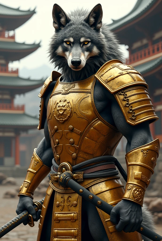 Muscular anthropomorphic wolf in golden samurai armor full body with a katana with a pagoda in the background