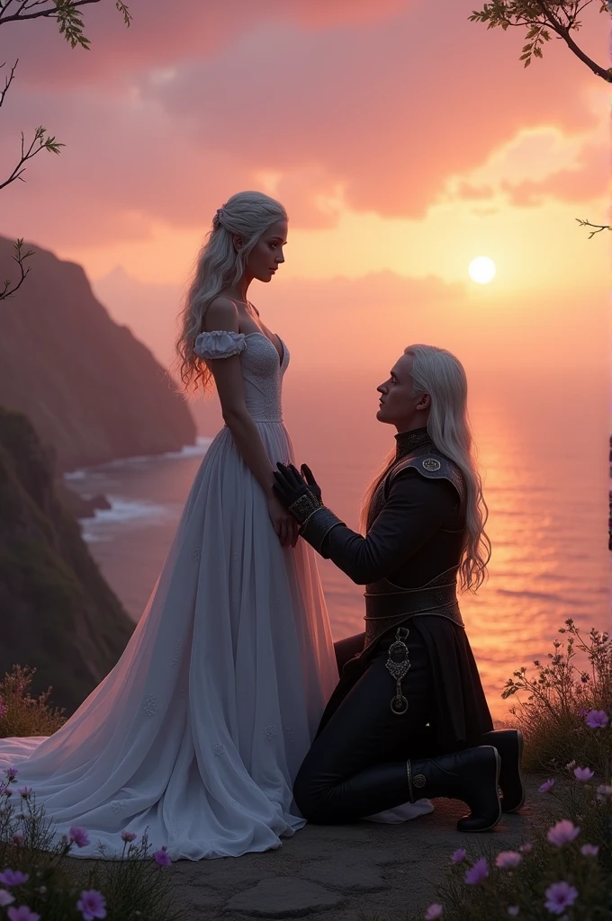 Viserra Targaryen, played by la actriz argentina, > (with platinum blonde hair and purple eyes) , y Daemon Targaryen, played by, the british actor > (long platinum blonde hair and violet eyes) , Both are on a peninsula near the beach, with the sunset in the background, y Daemon, He asks her to marry him on his knees, a Viserra