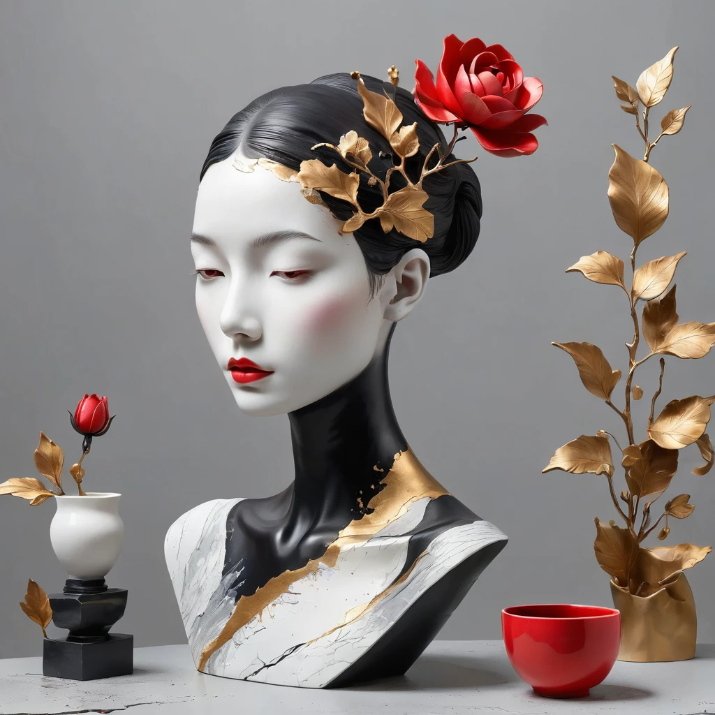 ((exhibit，Still Life Table，Artistic statues，3D Sculpture，ceramics，Surface cracks，Shattered Texture)), grace，Slender neck，Show the beauty of nature.Black and red theme，Thorns，Surrounded by flowers，Dripping paint，Artistic Creativity：1.37.Kaneko，Golden powder， This artwork is presented on a grey background，Emphasize its artistic quality.Ray Tracing
