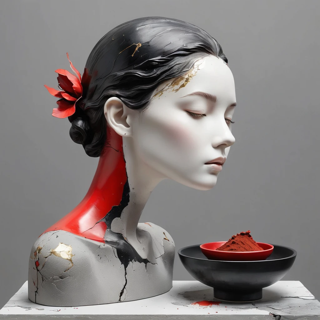 ((exhibition, woman, Still life table, Art statues, 3D sculpture, Colored ceramics, Surface cracks, Broken texture)), mercy, thin neck, Show the beauty of nature. Black and red theme, Kane, gold powder, This work is presented on a gray background.., art, Highlight its artistic qualities. Ray tracing, style, beautiful,