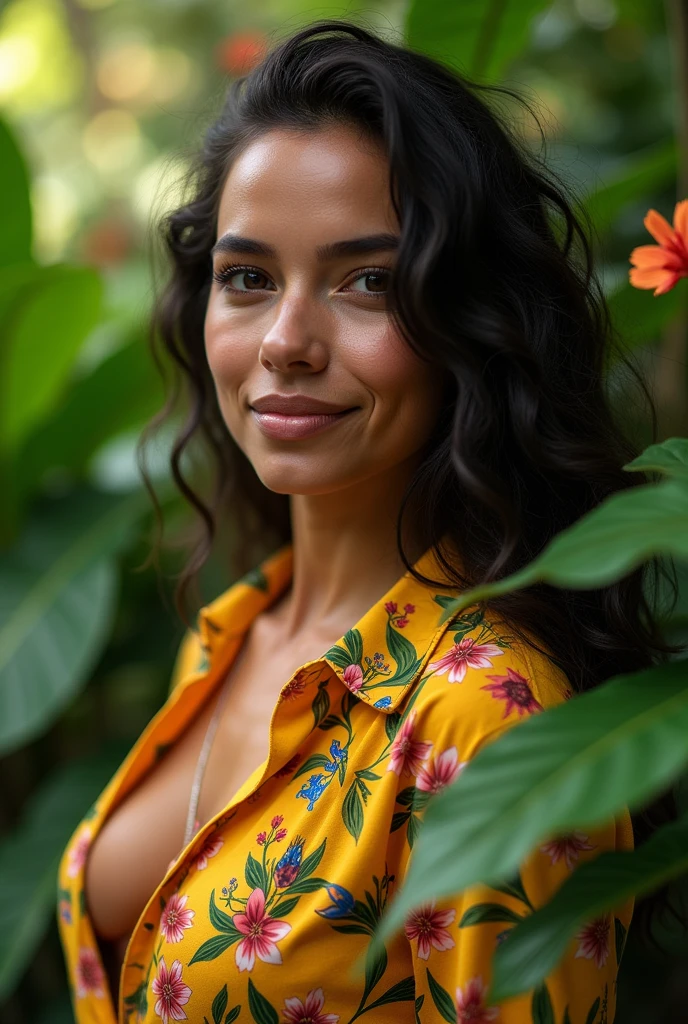 A Brazilian woman in a lush tropical garden, wearing an open shirt with a floral print, with a close-up capturing the harmonious beauty between her breasts and the natural flowers, showing off your natural charm and outgoing personality.