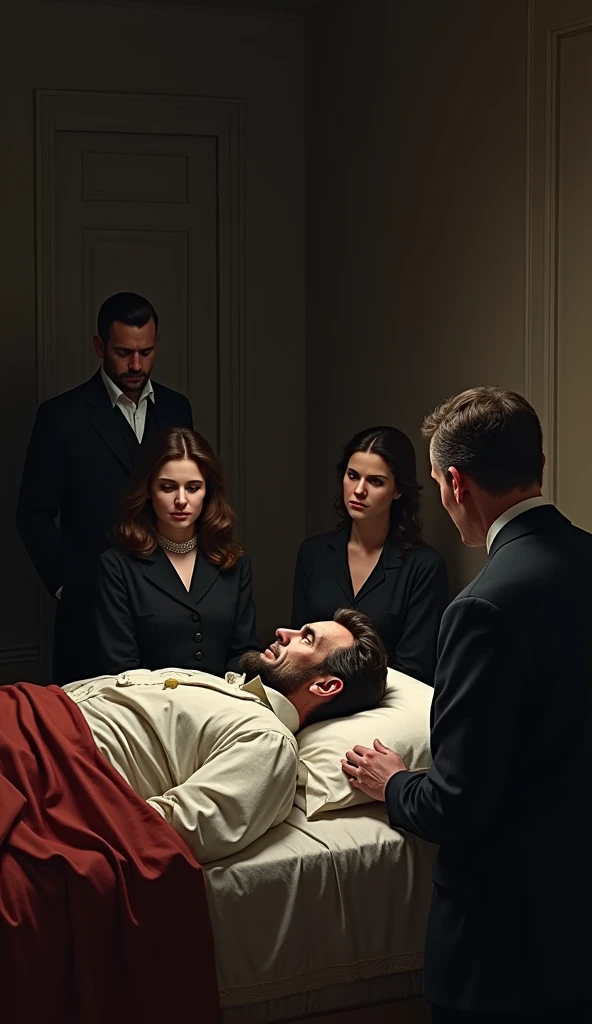 A solemn scene of Lincoln lying on the bed, his face peaceful but pale. A few close attendants are gathered around, with Mary Todd Lincoln seated beside him, holding his hand