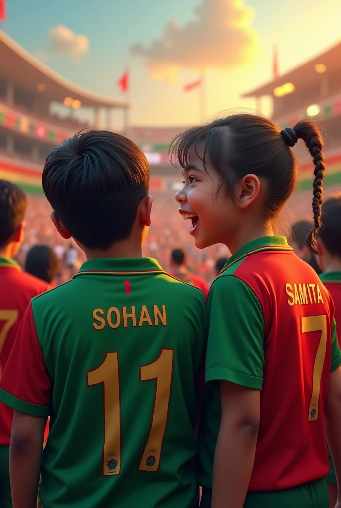 The boy SOHAN and the girl SAMITA are the fan of Bangladesh cricket.they wearing Bangladesh cricket jersy. there name showing there jersy back side