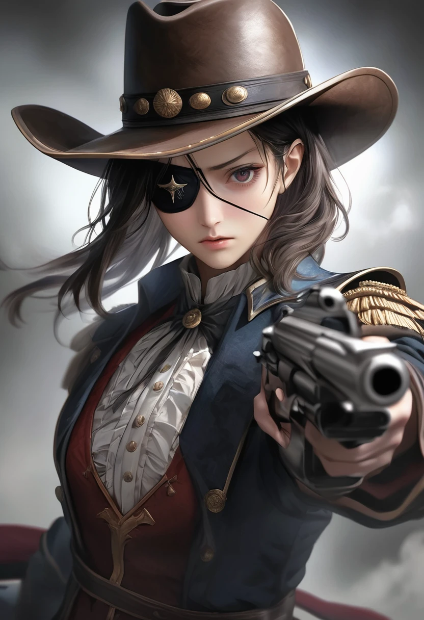 (Eye patch, Transparency:0.8, Only one eye), 
Matte texture with attention to detail, Dark Brown Leather:1.4 superior, 不条理なbeautiful, 
break Eye patchからはみ出した深い傷跡, Evidence of a fierce battle, 
break Transparent Full color, Strong and fleeting eyes, Glaring at the audience, Pure, concentrate, Brave, Calm, sorrow, beautiful,
break 不条理すぎるbeautiful, 
break Transparent Full color, Photo Style, Realistic Photographic Images, Detailed and accurate limbs, Anatomically correct, Realistic full body balance, 
break Musketeer, Cowboy hat, Dignified, Calm, Legend, 
break Turn your gaze to the viewer, silence, silence, Calm down before the storm, 
break: Firing at the audience, Attacking with a gun, Colt Python 357 Magnum, Smoke rising from the muzzle, 
break Powerful shooting stance, Dynamic and bold composition, 
break Ultra-realism, Detailed and realistic skin texture, Fine and exquisite texture, Detailed and exquisite brushwork, Detailed and vivid depiction, Anatomically correct, 不条理なbeautiful, 
break History oozing out, dramatic cinematographic lighting, 
break Glaring at the audience, Sharp eyes,  (Eye-level shot), 
break Re-drawing into a clear and vivid work, Highest qualityのレンダリング, Highest quality, Highest Resolution, 
break Transparent Full color, Photo Style, Realistic Photographic Images, Bring out the best in your facial expressions, 