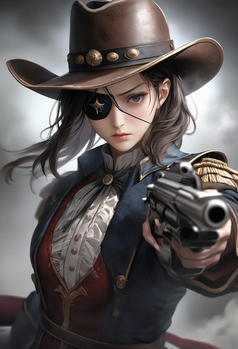(Eye patch, Transparency:0.8, Only one eye),
Matte texture with attention to detail, Dark Brown Leather:1.4 superior, 不条理なbeautiful,
break Eye patchからはみ出した深い傷跡, Evidence of a fierce battle,
break Transparent Full color, Strong and fleeting eyes, Glaring at the audience, Pure, concentrate, Brave, Calm, sorrow, beautiful,
break 不条理すぎるbeautiful,
break Transparent Full color, Photo Style, Realistic Photographic Images, Detailed and accurate limbs, Anatomically correct, Realistic full body balance,
break Musketeer, Cowboy hat, Dignified, Calm, Legend,
break Turn your gaze to the viewer, silence, silence, Calm down before the storm,
break: Firing at the audience, Attacking with a gun, Colt Python 357 Magnum, Smoke rising from the muzzle,
break Powerful shooting stance, Dynamic and bold composition,
break Ultra-realism, Detailed and realistic skin texture, Fine and exquisite texture, Detailed and exquisite brushwork, Detailed and vivid depiction, Anatomically correct, 不条理なbeautiful,
break History oozing out, dramatic cinematographic lighting,
break Glaring at the audience, Sharp eyes, (Eye-level shot),
break Re-drawing into a clear and vivid work, Highest qualityのレンダリング, Highest quality, Highest Resolution,
break Transparent Full color, Photo Style, Realistic Photographic Images, Bring out the best in your facial expressions,