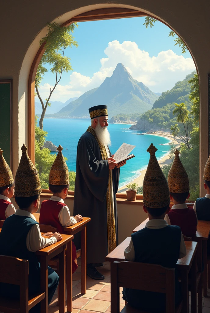 In the classroom, the professor is teaching the children, and the children are all from a religious school with beautiful hats on their heads, and the professor is teaching them with the view of the window, the sea, the trees and the mountains, a professor, a professor of an Islamic religious school with a beard.