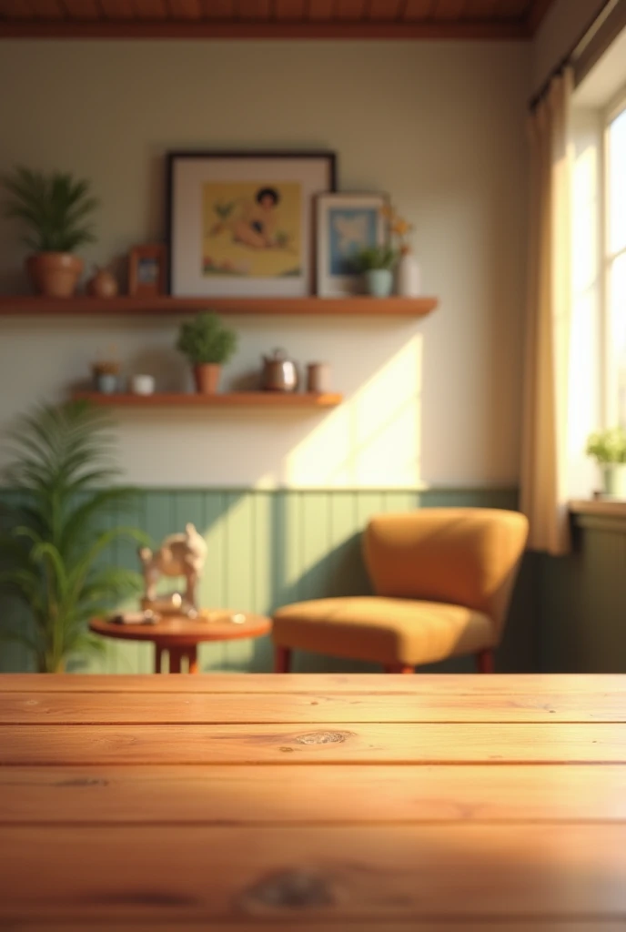 A table in the front and a wall in the back with a shelf and pictures