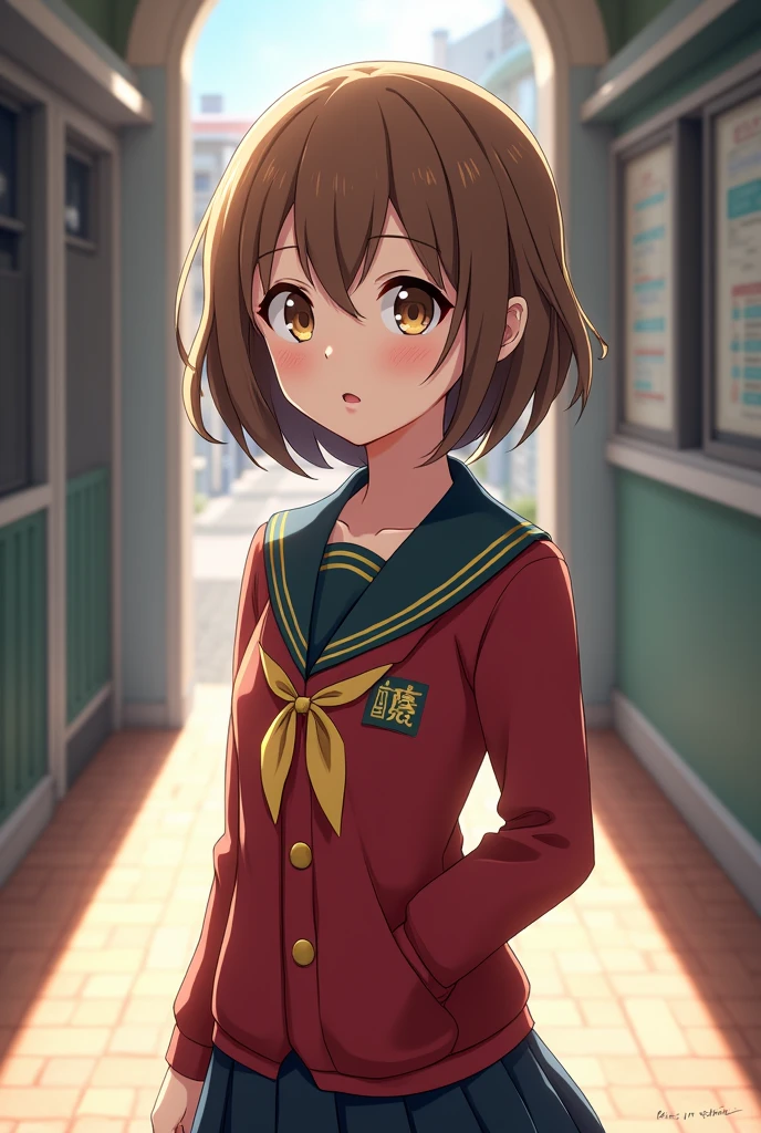 Make me an oc that is a girl with somewhat short brown hair with blonde front locks and a little longer a few centimeters below the men with a textbook hairstyle and that has light brown eyes, moderately pompous lips, that is inspired by BNHA and with the UA uniform and that it looks in 2D and in the background a hallway of the UA
