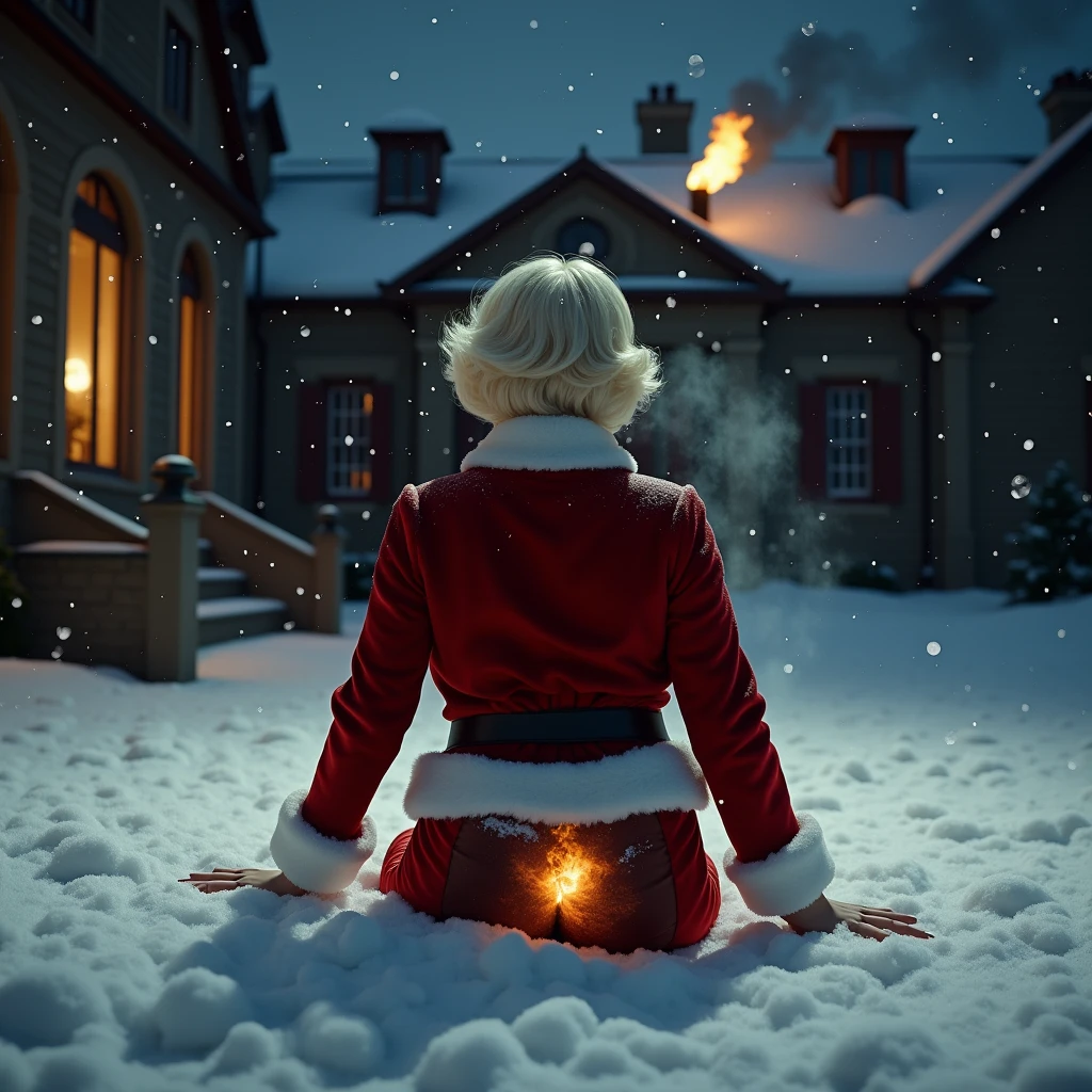 In the background we see the chimney that is on the roof of the house spitting fire , We see her one hundred percent from behind, she looks to the side. A cinematic image of a 3 Doris Day-esque girl with platinum blonde short hair. She is wearing a complete Santa Claus suit and is in the courtyard of a grand country house at night. She is on all fours, buried in snow, with only her head and her curvaceous butt visible. There is a large hole with charred edges in her pants that exposes her buttocks, and smoke billows from the affected area. Her eyes widen in astonishment and pain, her mouth forming a perfect "O" in a classic slapstick comedy scene. The background is shrouded in darkness, with snow falling gently and highlighting the girl's striking features and her stunning, voluptuous figure.