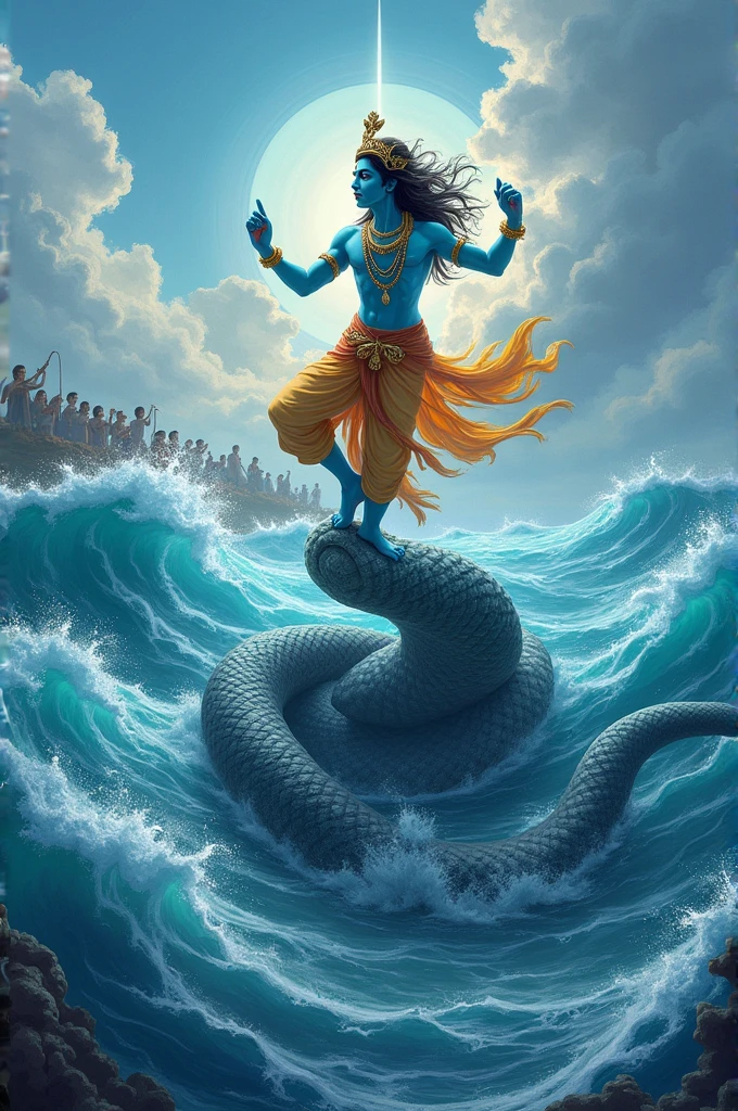 Krishna dancing on Kaliya Naag in the middle of the ocean in front of all the singers.