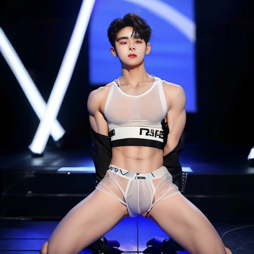 한국 잘생긴 Boy Idol,20 years old,transparent penis,black&Transparent crop top with long sleeves that show your chest, White transparent triangle panties,A handsome man, pretty legs,Adonis,penis visible,Became a toy, seductive posture, thin arms,a picturesque face, tight clothes,Undressing, During a performance on a pornographic stage, Bodyguard harness,Boy Idol, a picturesque face, star, selling oneself, body selling
