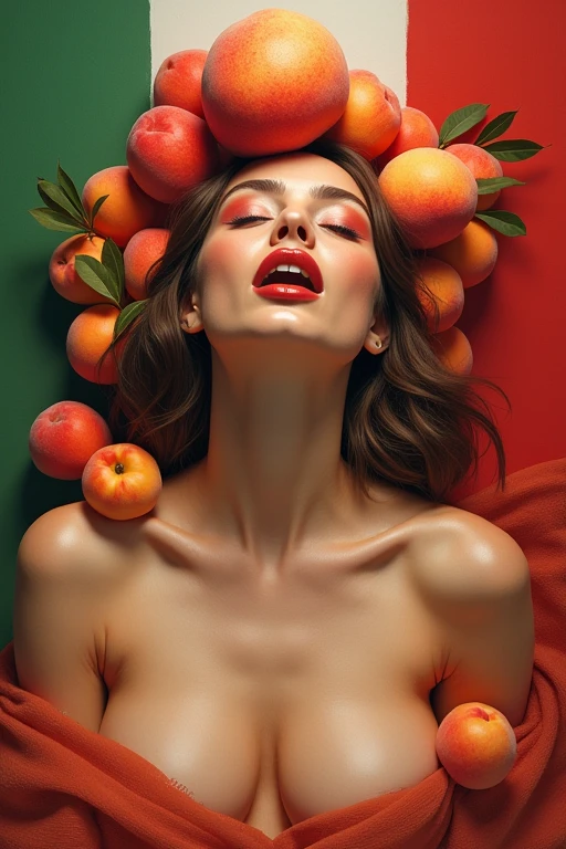 1 beautiful Italian woman in her 30s。Facing forward、Mouth wide open。The expression is、Sexually lewd expression、Ecstatic expression、I feel a strong sense of ecstasy。The head is peeled、Wearing a large real peach。The chest is wide open。There are peaches all around。Covered in peaches。Fully clothed。The background is in the colors of the flag