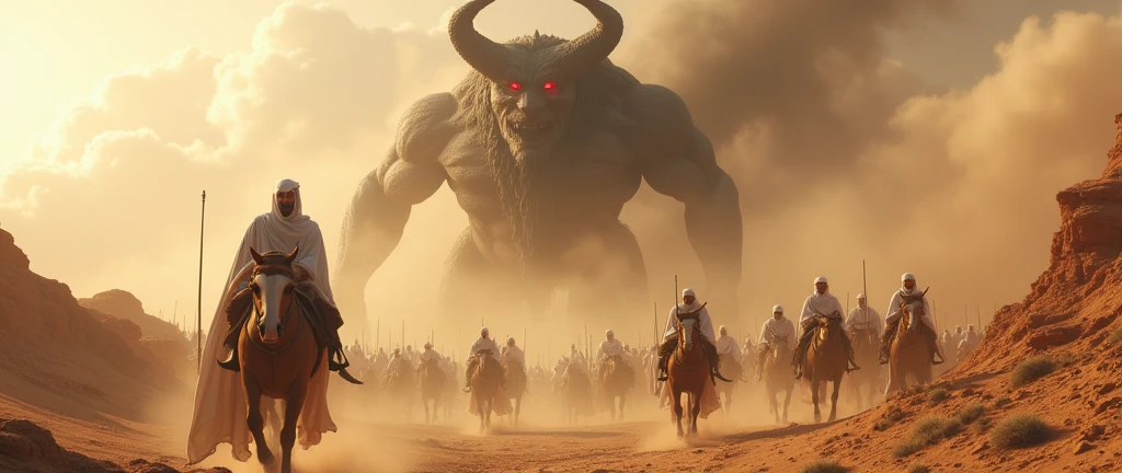 A young man from Arabia led an army in white to attack the one red-eyed horned devil in the desert hills