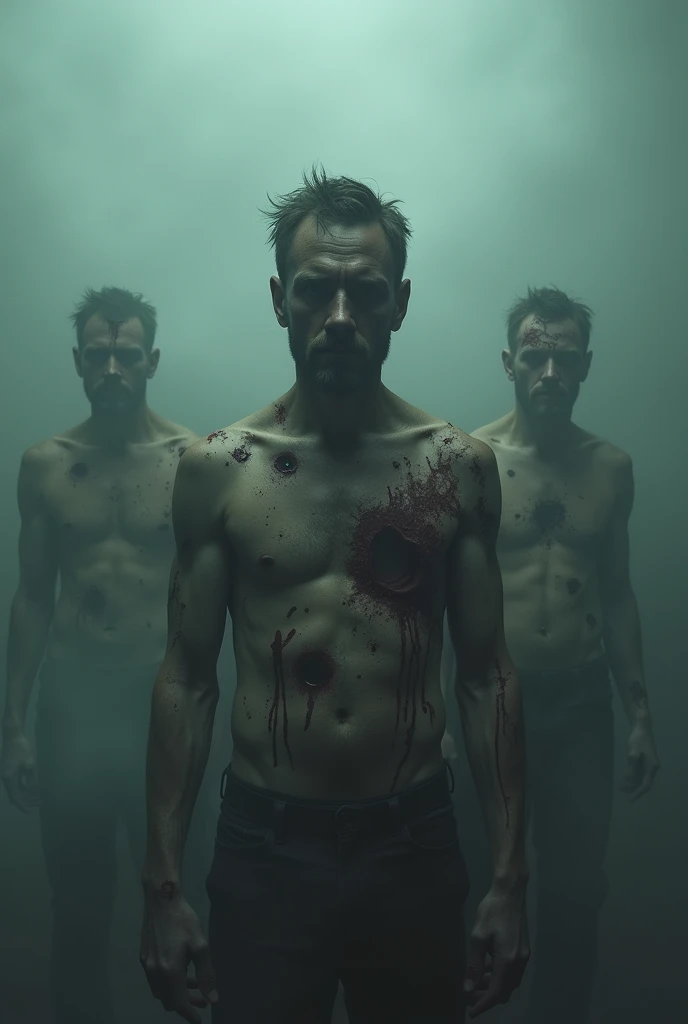 Men with full of cuts in night with fog