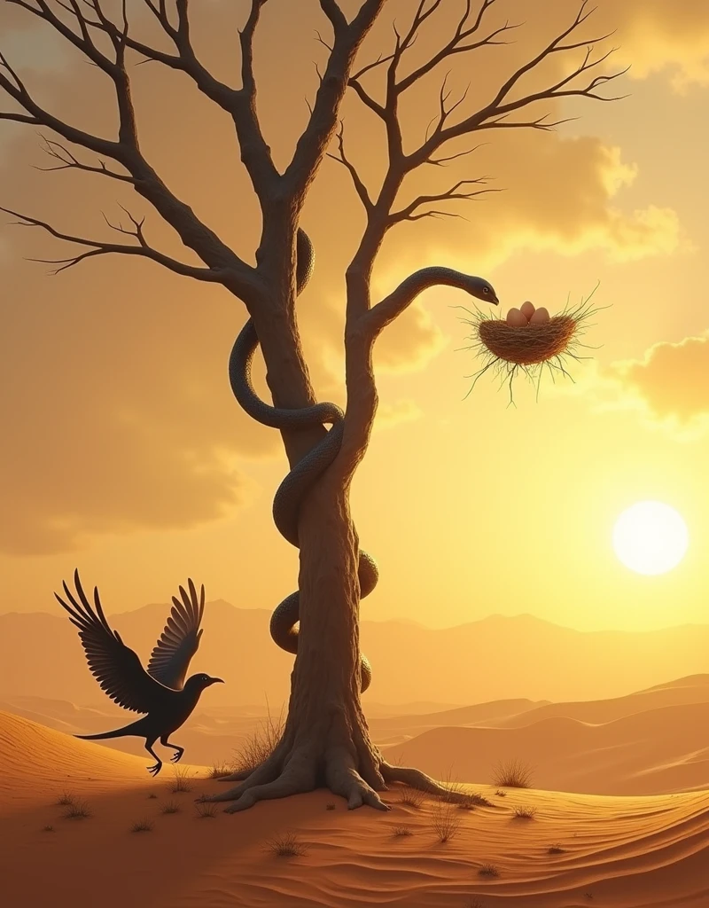 Create a realistic scene in the Sahara Desert with a solitary, leafless tree standing amidst the golden sands. On one of the tree branches, there is a bird's nest containing exactly three eggs. A black snake is climbing up the trunk of the tree, its body coiled and poised, moving stealthily toward the nest. In the distance, a bird is flying towards the tree, wings fully extended, appearing frantic and rushing back to its nest. The sun is low in the sky, casting warm hues and long shadows across the desert landscape, adding a sense of tension and urgency to the scene as the bird hurries to protect its eggs from the approaching danger.