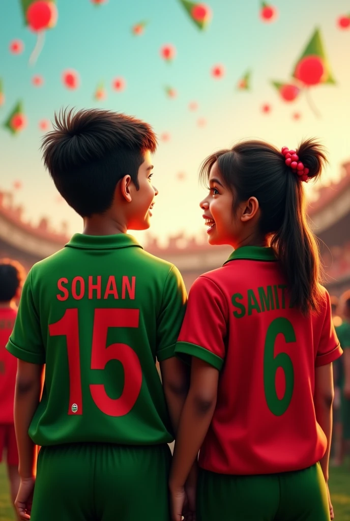 The boy SOHAN and the girl SAMITA are the fan of Bangladesh cricket.they wearing Bangladesh cricket jersy. there name showing there jersy back side