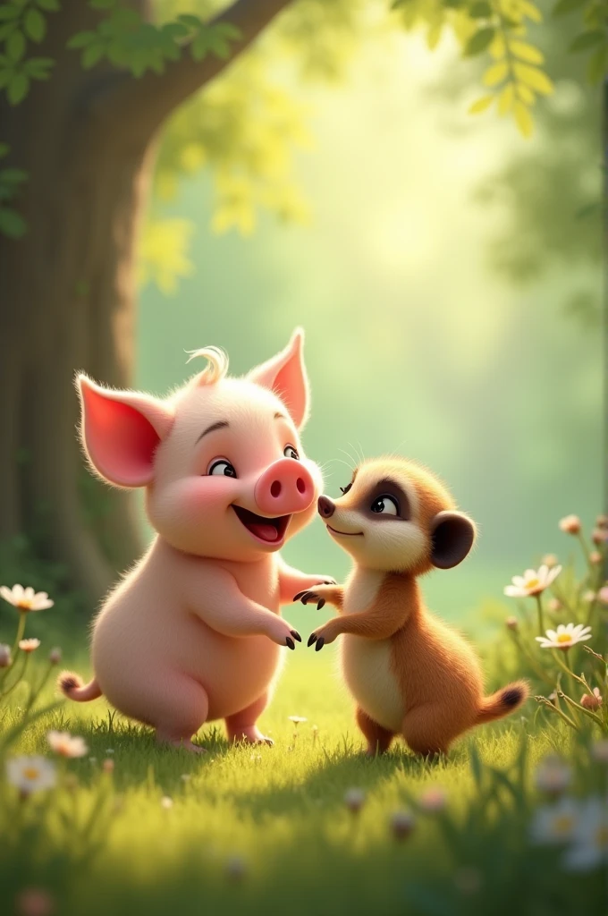Pig and Meerkat’s Friendship: A cute pig and a meerkat are playing together. Both are laughing and playing in a clear meadow in the forest.