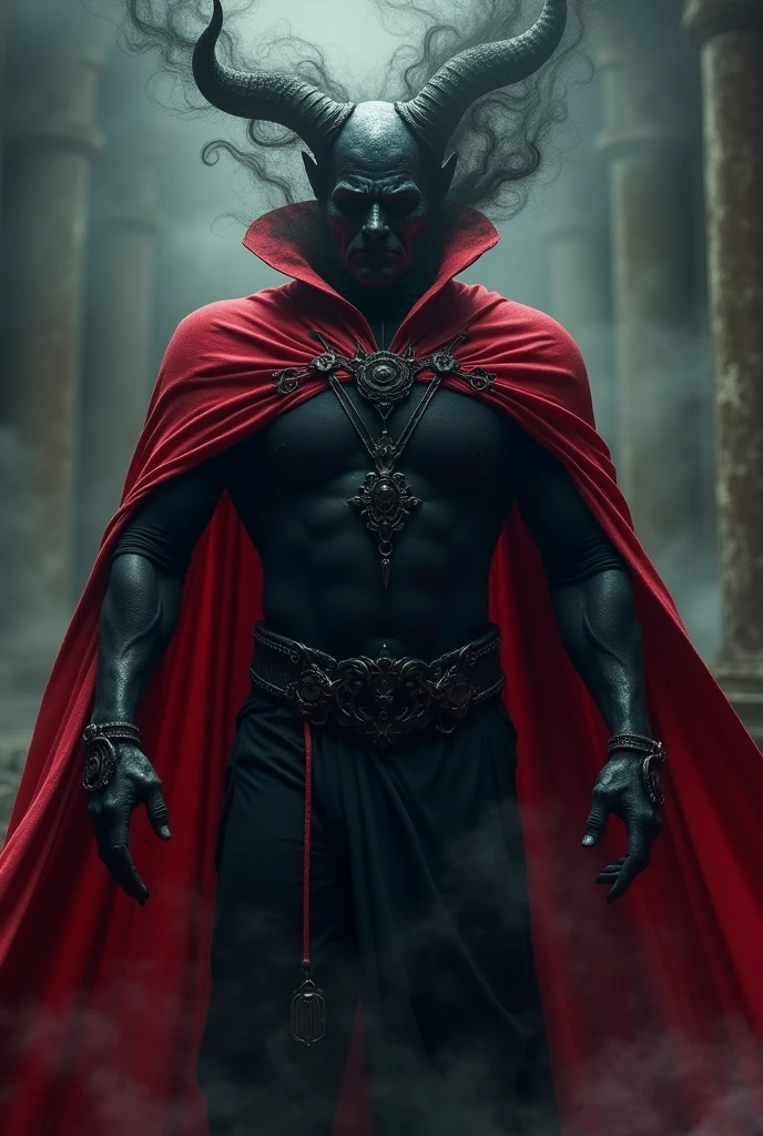 Make a magical demon being, king of the kingdom of darkness, with a strong shadow in place of his head, with a tight black outfit and a red cape, without mask, hat or hood