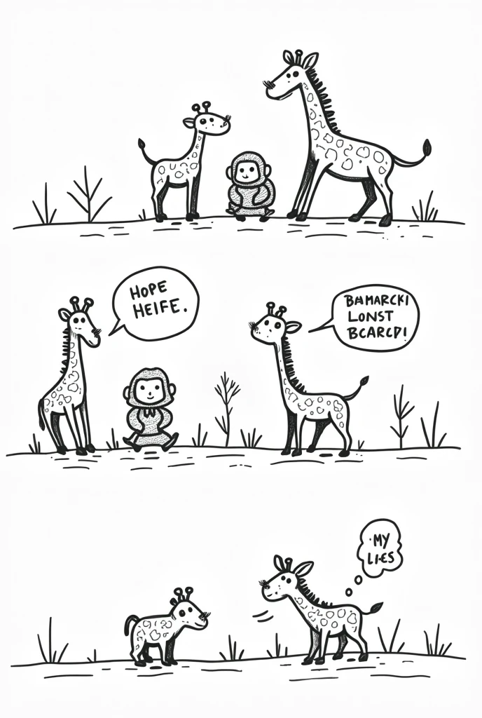 Make a childish comic strip with no color drawing only Lamarck's Concepts of Evolution and inheritance