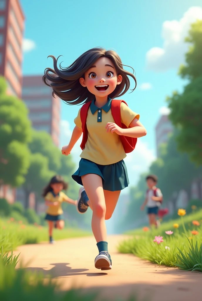 A girl running in the campus，Wearing school uniform，Smiling happy expression，Cartoon 3D style，