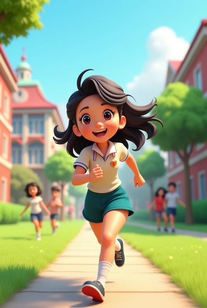 A girl running in the campus,Wearing school uniform,Smiling happy expression,Cartoon 3D style,