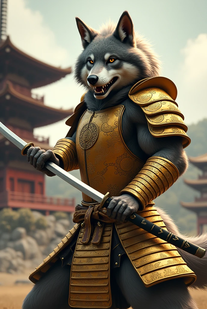 Muscular anthropomorphic wolf in golden samurai armor fighting with a katana with a pagoda in the background