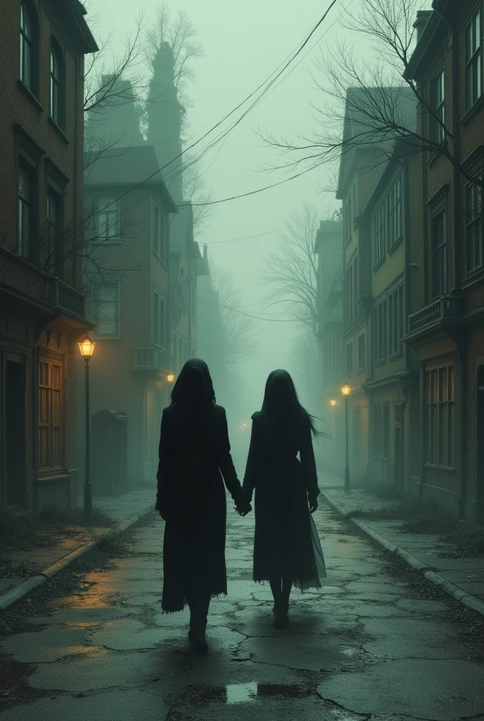 Creates a heartbreaking image of two lonely women walking down a deserted street, with an artistic style that pays homage to Alfred Kubin. Make the atmosphere oppressive and disturbing, with dark tones and surreal details that defy reality. Captures the feeling of loneliness and melancholy in a striking and unconventional way