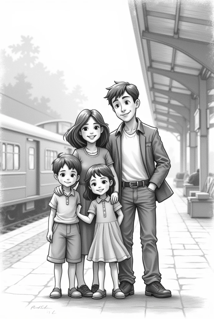 Make an sketch of family pencil drawing standing on station 