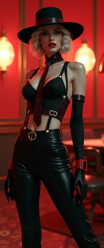 a glamorous militant female gangster, 1920s razzle fancy dress, black and red costume with top, trousers, mock braces, neck tie and hat, assertive pose, sophisticated, opulent ,photorealistic, 8k, cinematic lighting, highly detailed, realistic shading, vivid colors