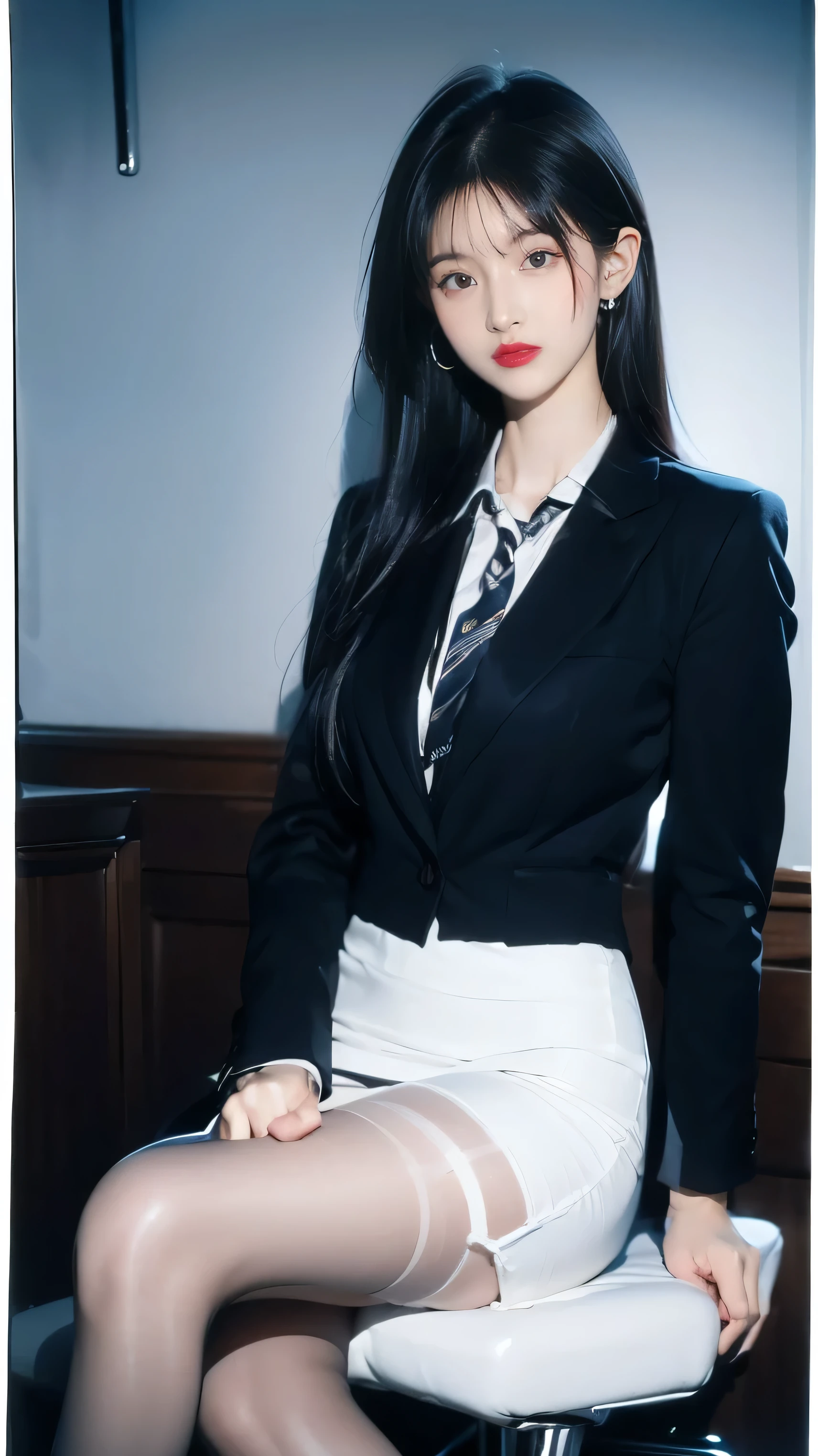 (Elite secretary of the upper class in light underwear), Sitting in a chair and working in the office、 (Wearing pantyhose)、(Short Layer Hair)、crossed legs, Wear high-end high heels、 (thighhighs and skirt), Shirt secretary, businesswoman,  Wear shirts and skirts, Business attire, business outfit, Raw photo, (8K、top-quality、​masterpiece:1.2)、(intricate detailes:1.4)、(Photorealsitic:1.4)、octane renderings、Complex 3D rendering ultra detail, Studio Soft Light, Rim Lights, vibrant detail, super detailing, realistic skin textures, Detail Face, Beautiful detail eyes, Very detailed CG Unity 16k wallpaper, make - up, (detailedbackground:1.2), (Exposed thighs), wide angel photo, 1, long hair, black hair, bangs hair