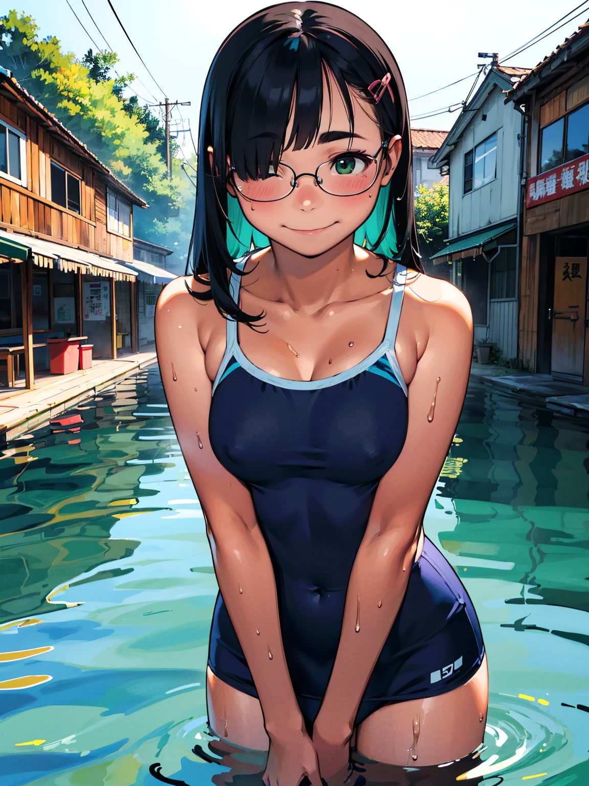 8K quality,(super masterpiece:1.3),Highest quality,Detailed Images,1 female,symmetrical beauty,10th Generation,face(smile,笑face,Embarrassing,blush,bright red,Close your mouth),(Droopy eyes,Green Eyes,Green Eyes,Bright Eyes),(Blue Hair,Long Hair,Big hairpins for bangs,hair over one eye),(Thick eyebrows,Thick eyebrows),(Glasses,The frame is thin,小さいGlasses),(Large Breasts,F cupの胸),Tan Skin,posture(sit,Facing forward,place your hands on your knees,Leaning forward),(School Swimsuit),(Draw the upper body,Draw the façade),background(Submerged City,Flooded station,Submerged City,A sunken ruin),(faceはカメラに対して正面を向く,Looking at the viewer from the front,looking at the camera,The body faces the viewer,The body is facing the direction of the camera,faceはカメラを真っ直ぐ見る).