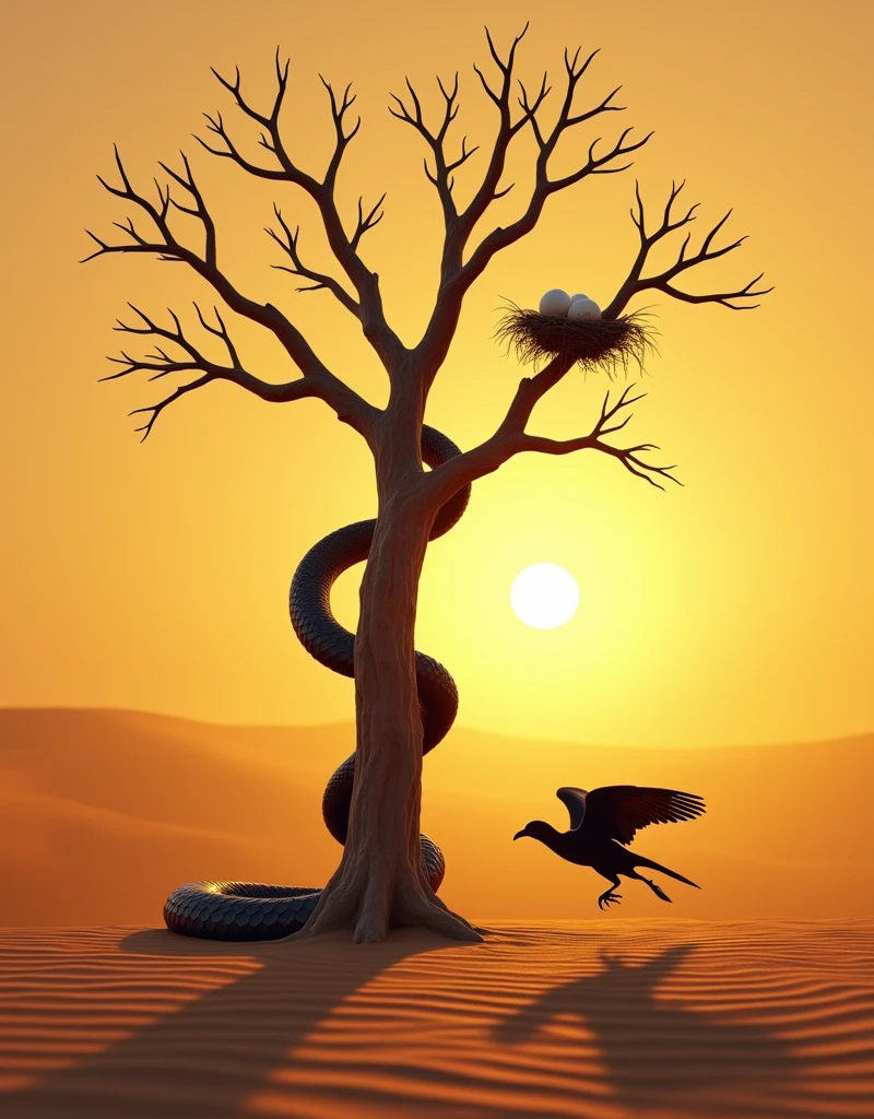 Create a realistic scene in the Sahara Desert with a solitary, leafless tree standing amidst the golden sands. On one of the tree branches, there is a bird's nest containing exactly three eggs. A black snake is climbing up the trunk of the tree, its body coiled and poised, moving stealthily toward the nest. In the distance, a bird is flying towards the tree, wings fully extended, appearing frantic and rushing back to its nest. The sun is low in the sky, casting warm hues and long shadows across the desert landscape, adding a sense of tension and urgency to the scene as the bird hurries to protect its eggs from the approaching danger.