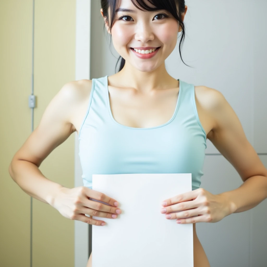 photograph, cowboy shot, woman holding A4 paper in front of waist doing a4 waist challenge, smiling beautiful Japanese female nurse wearing nurse uniform, slim hourglass figure, tiny narrow waist, beautiful detailed face, black hair, pale skin, fair skin, realistic skin, detailed cloth texture, detailed hair texture, Perfect proportion, Anatomically correct, Highly detailed face and skin texture, private modern hospital room, looking at viewer, asian face , perfect anatomy, realistic
