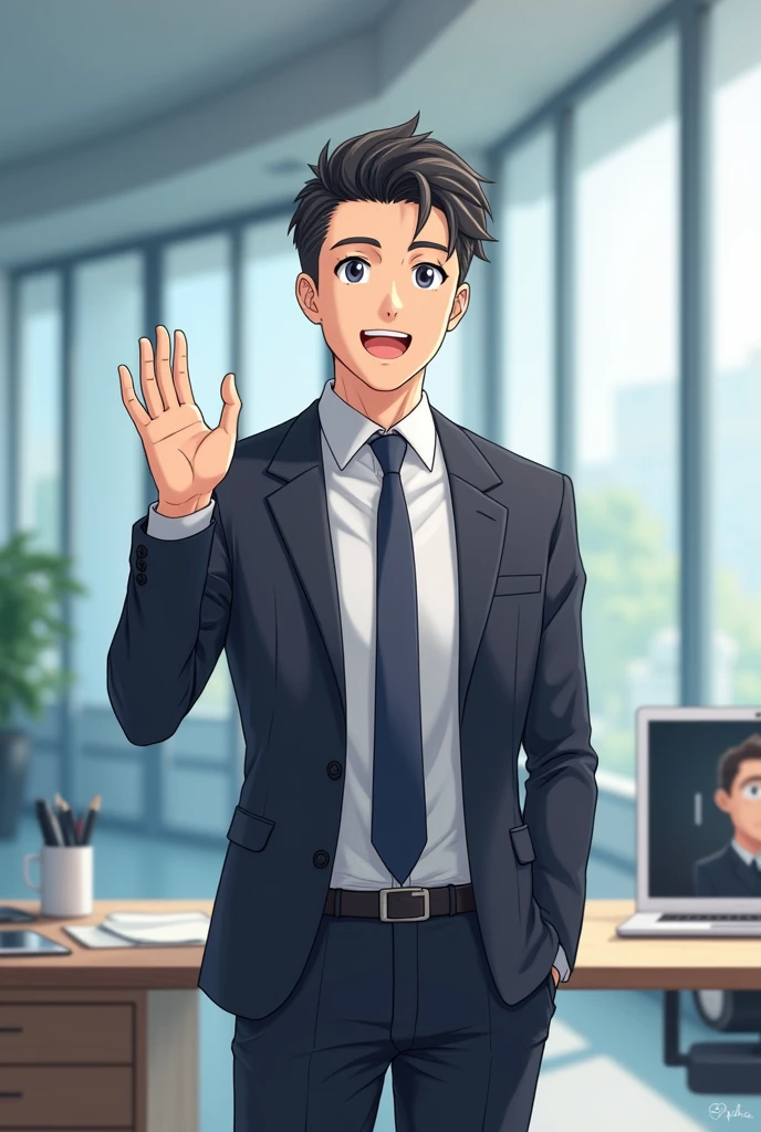 Anime man in suit standing in front of a table with a laptop waving to someone on video call