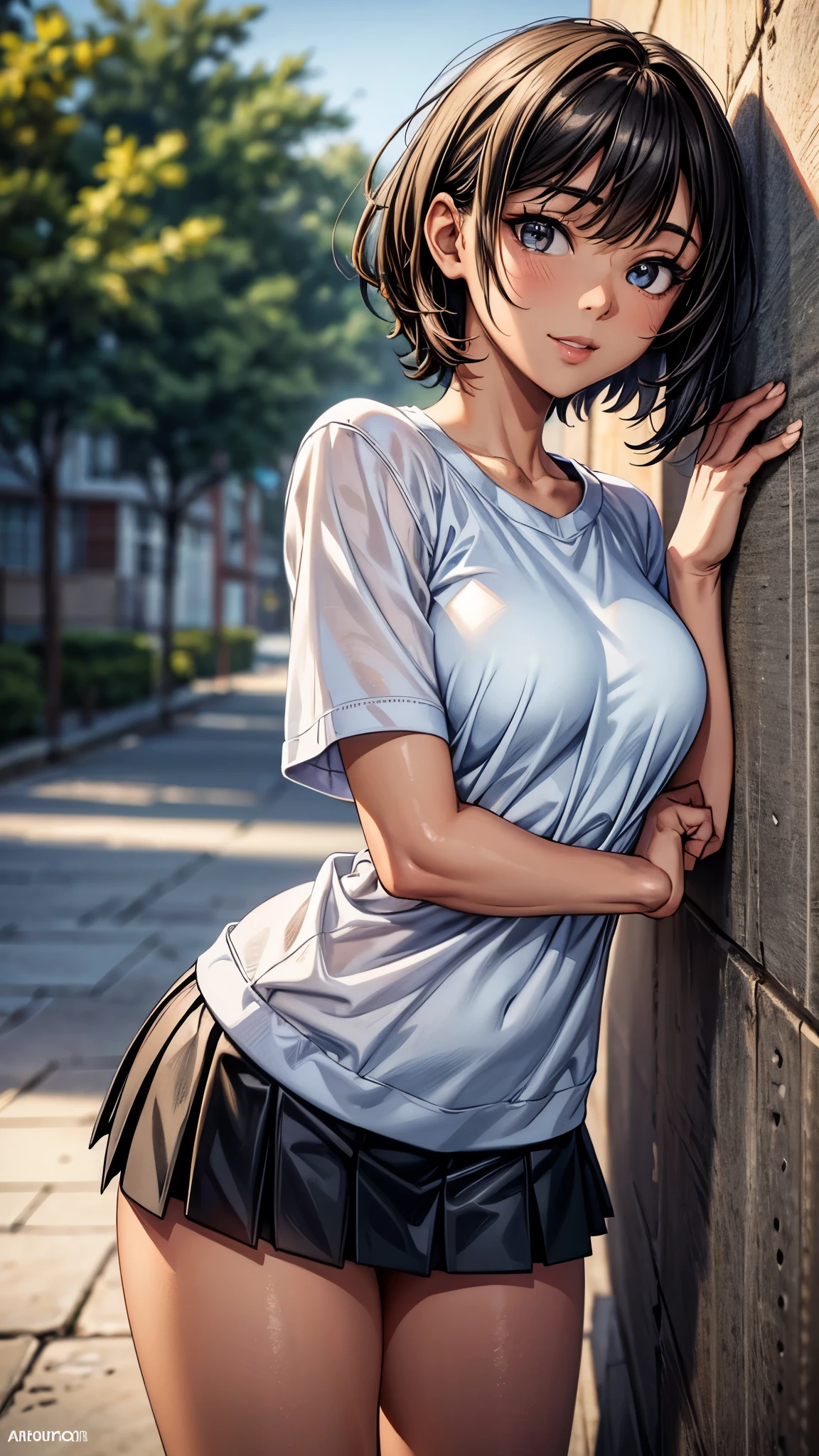 ((2.0 Look Away),((whole body)),Beautiful attention to detail, Beautiful lip detail,One of the Japanese girl,In the park,((Dark skin tone 2.0)), (Very short black hair),((Lonely Smile)),casual ((Long jersey tops with line,tight mini skirt)),((High-top sneakers)),quality, 4K, 8k, High resolution, masterpiece:1.2, Very detailed, Realistic, photoRealistic, photo-Realistic:1.37, High resolution, High resolution, Studio Lighting, Ultra-fine painting, Sharp focus, Physically Based Rendering, Very detailed explanation, Professional, Vibrant colors, bokeh, Portraiture