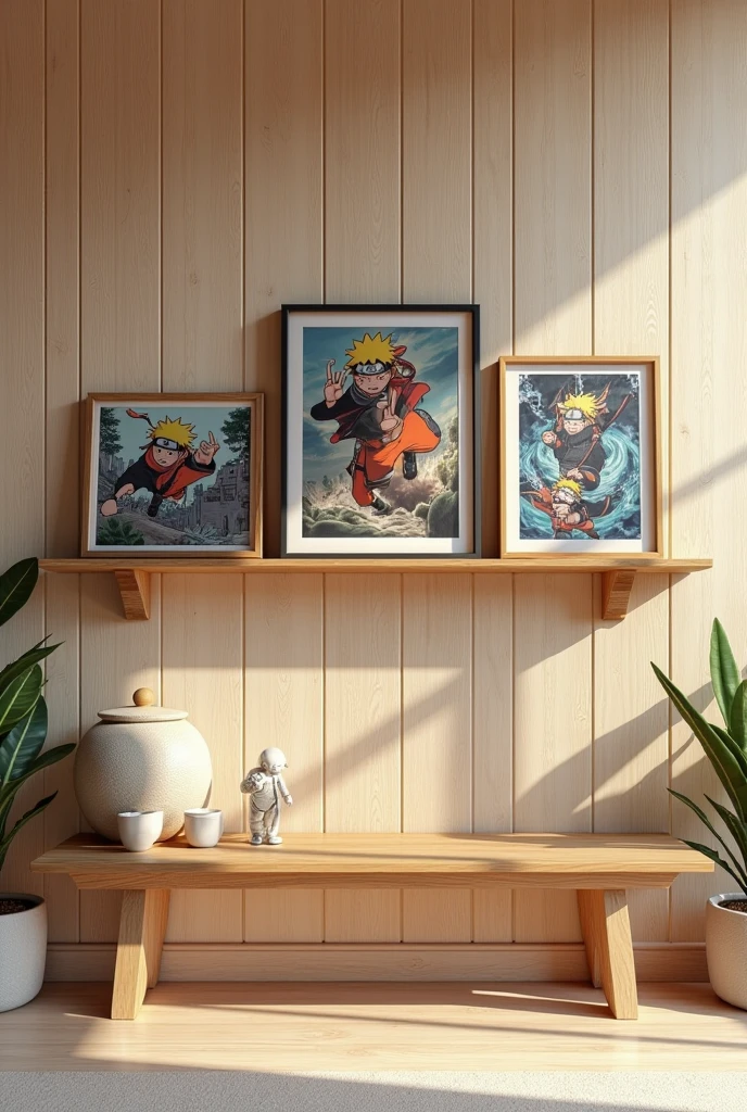 Wall with shelf and Naruto pictures 