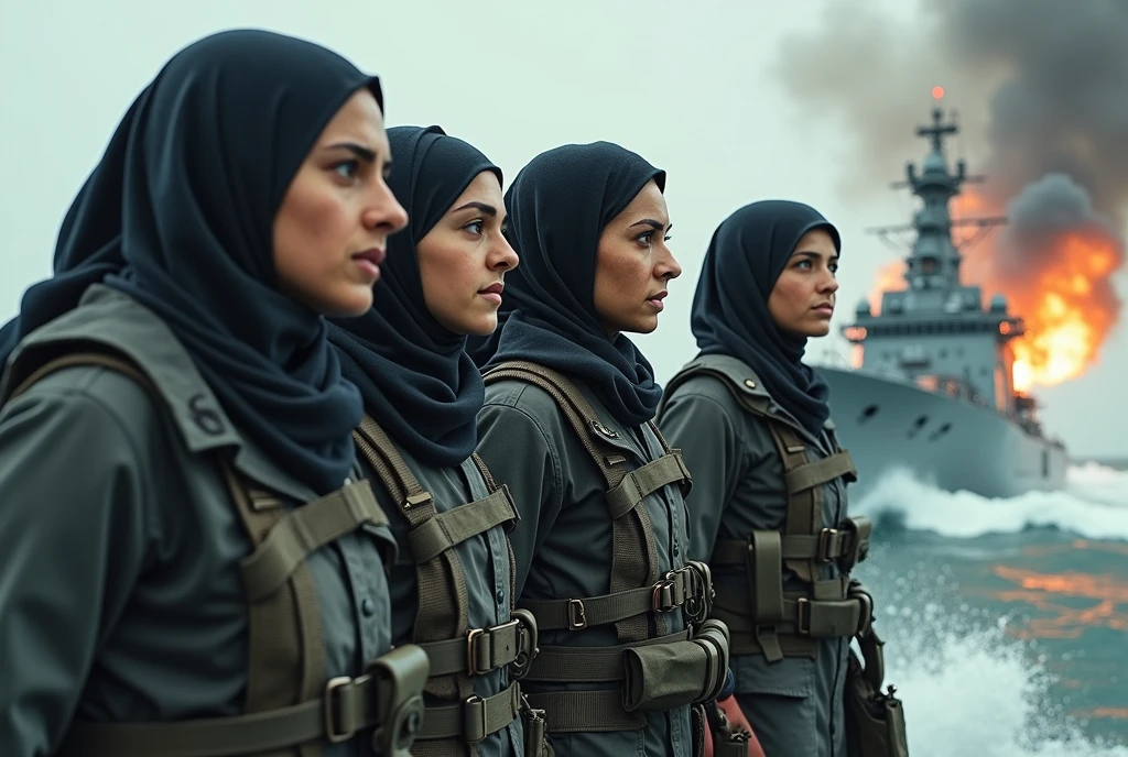 Group of four strong Syrian women fighting to conquer the sea on a warship, hijab, cannon shots in the sea, splashes of water. Tilt shot