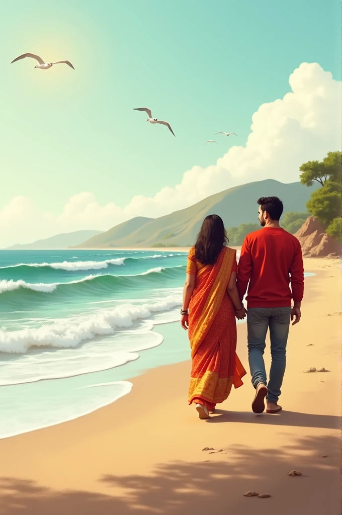 A guy with a Red pullover and a girl in a saree walking in a beach