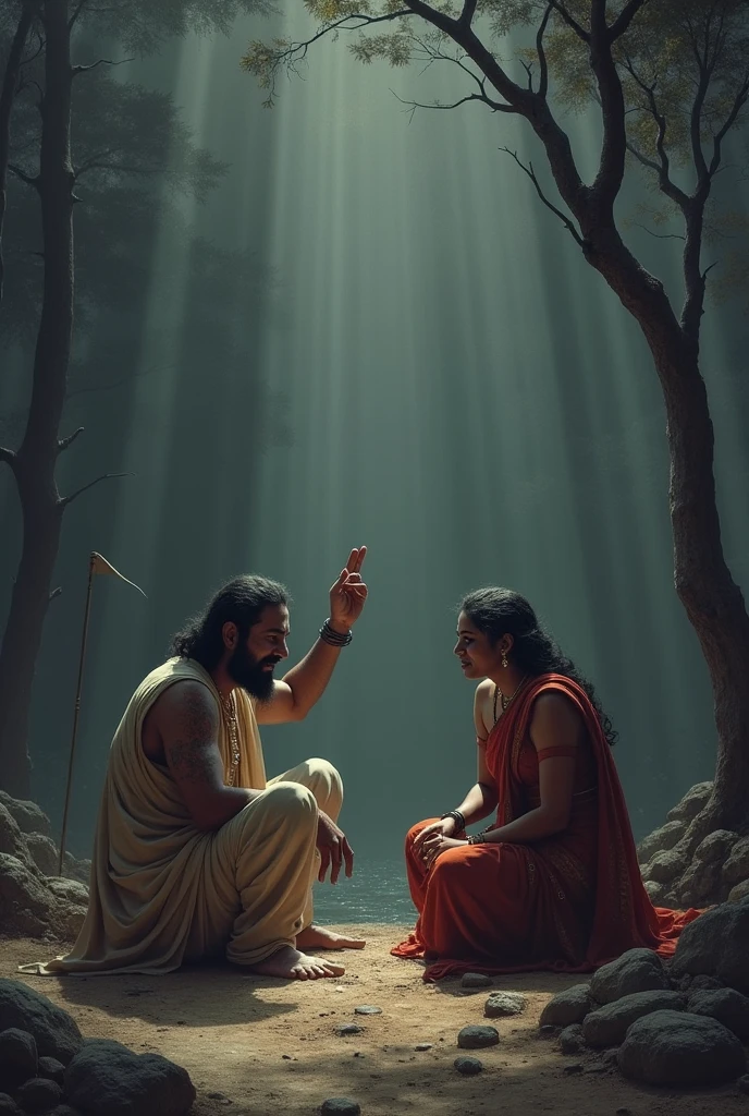 Pandu's death and madry mourning: Details: Pandu's death will be shown in the fourth scene. Pandu is raising his hand towards the madry, the impression of death in his face is evident. Madri is sitting next to Pandu's body, mourning, the impression of deep grief on his face. This scene is portrayed in the dark and gray shade, which highlights the tragic and emotional atmosphere of Pandu's death. There is a mixture of forests and lightness in the vicinity, which makes the scene more serious. Indian